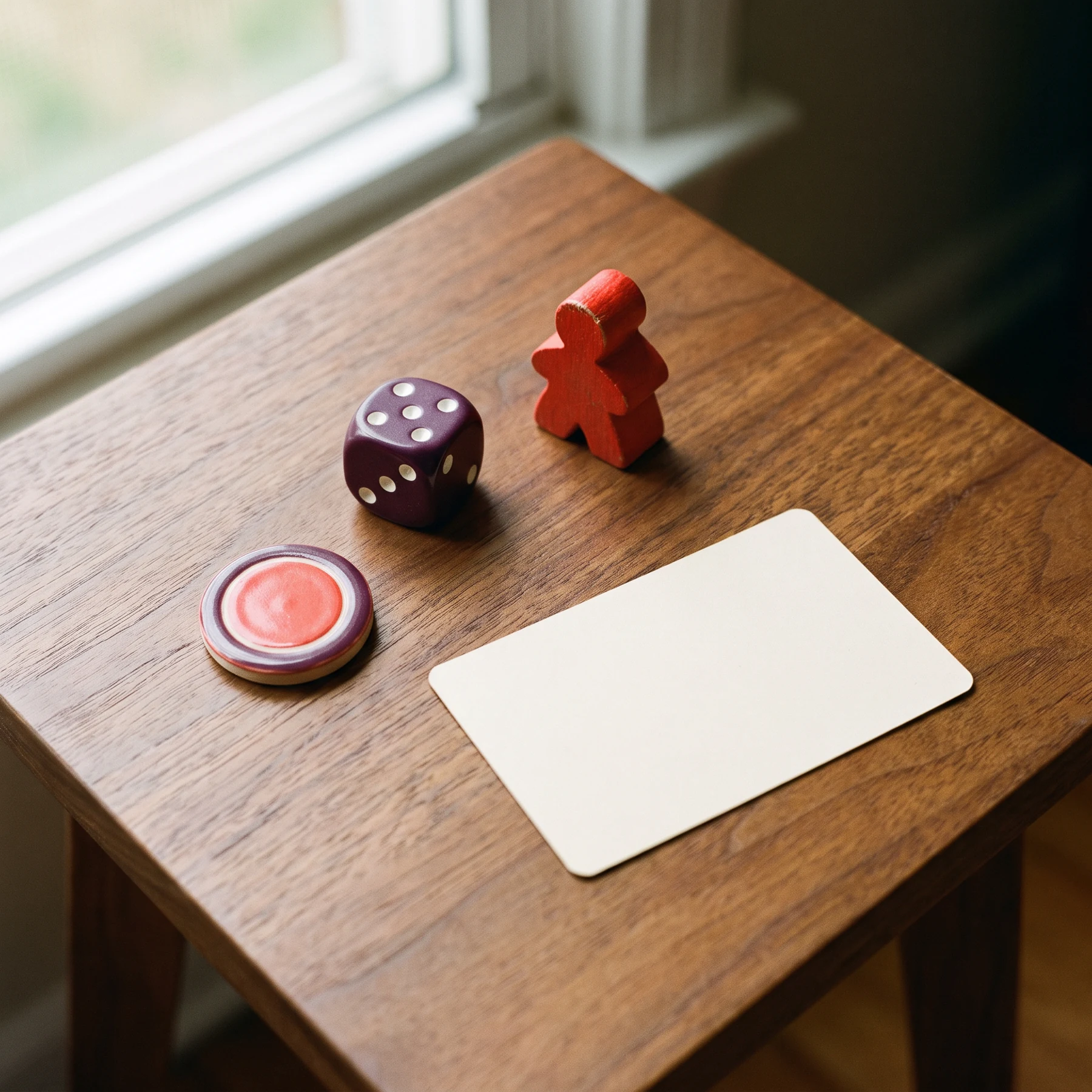 A single red wooden player pawn, purple die, and blank card on a wooden table