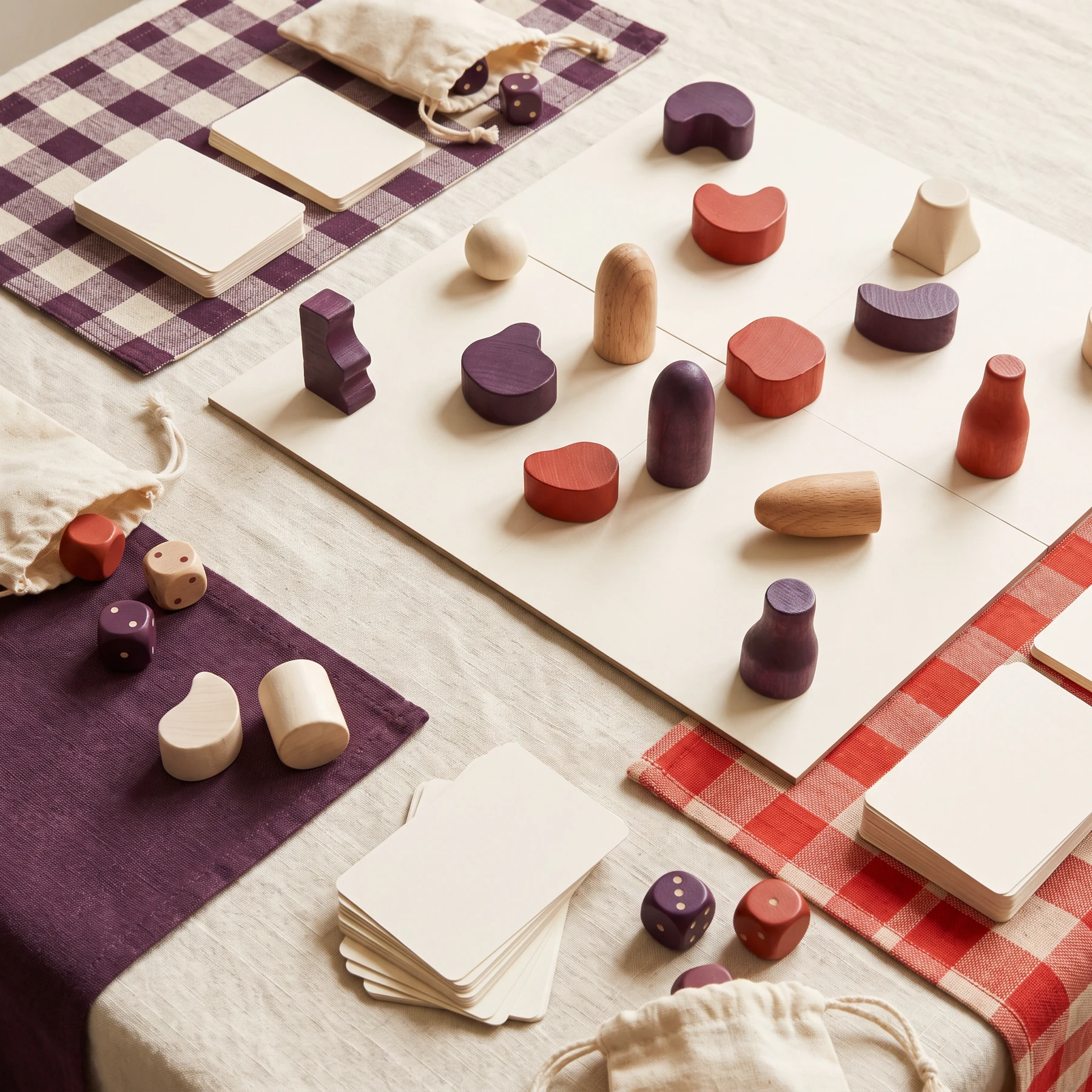 Colorful wooden playing pieces arranged on a cream game board