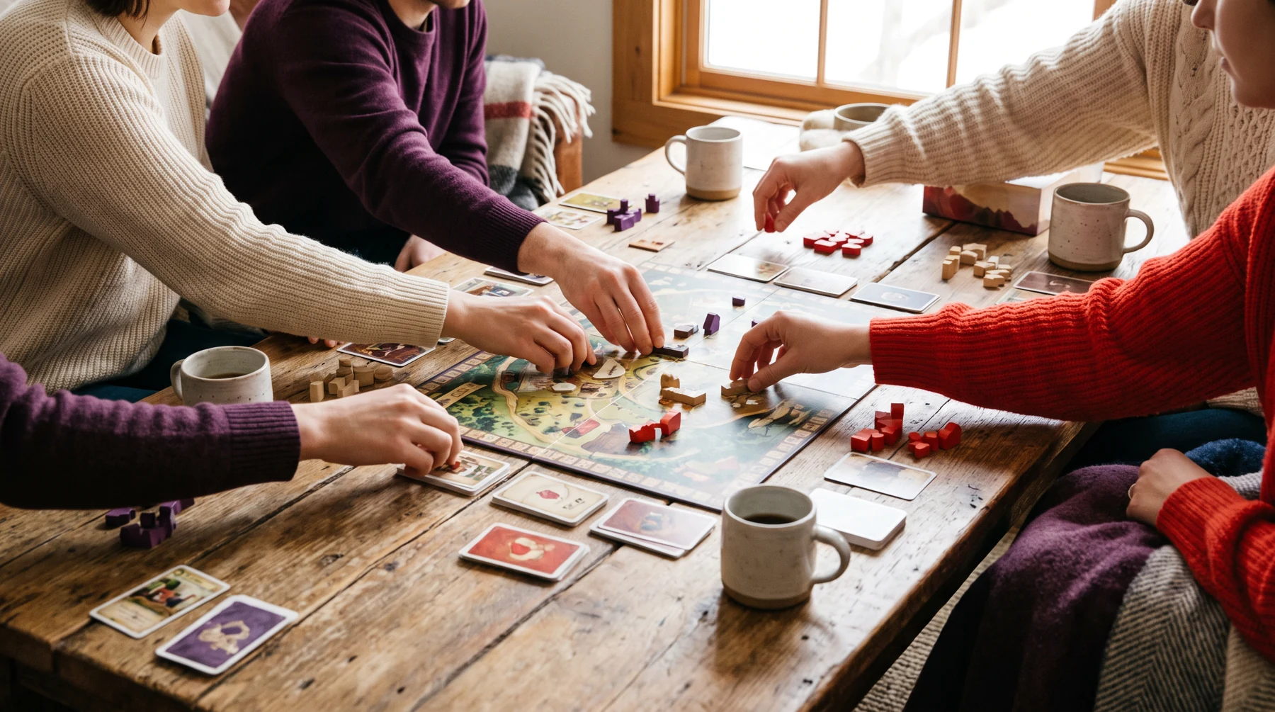 Friends gathered around a wooden table playing a board game