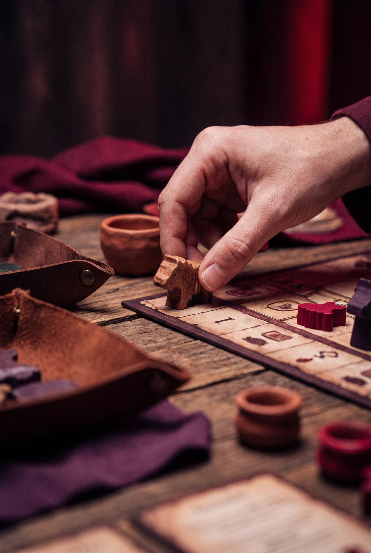 A hand placing a wooden animal piece onto a board game