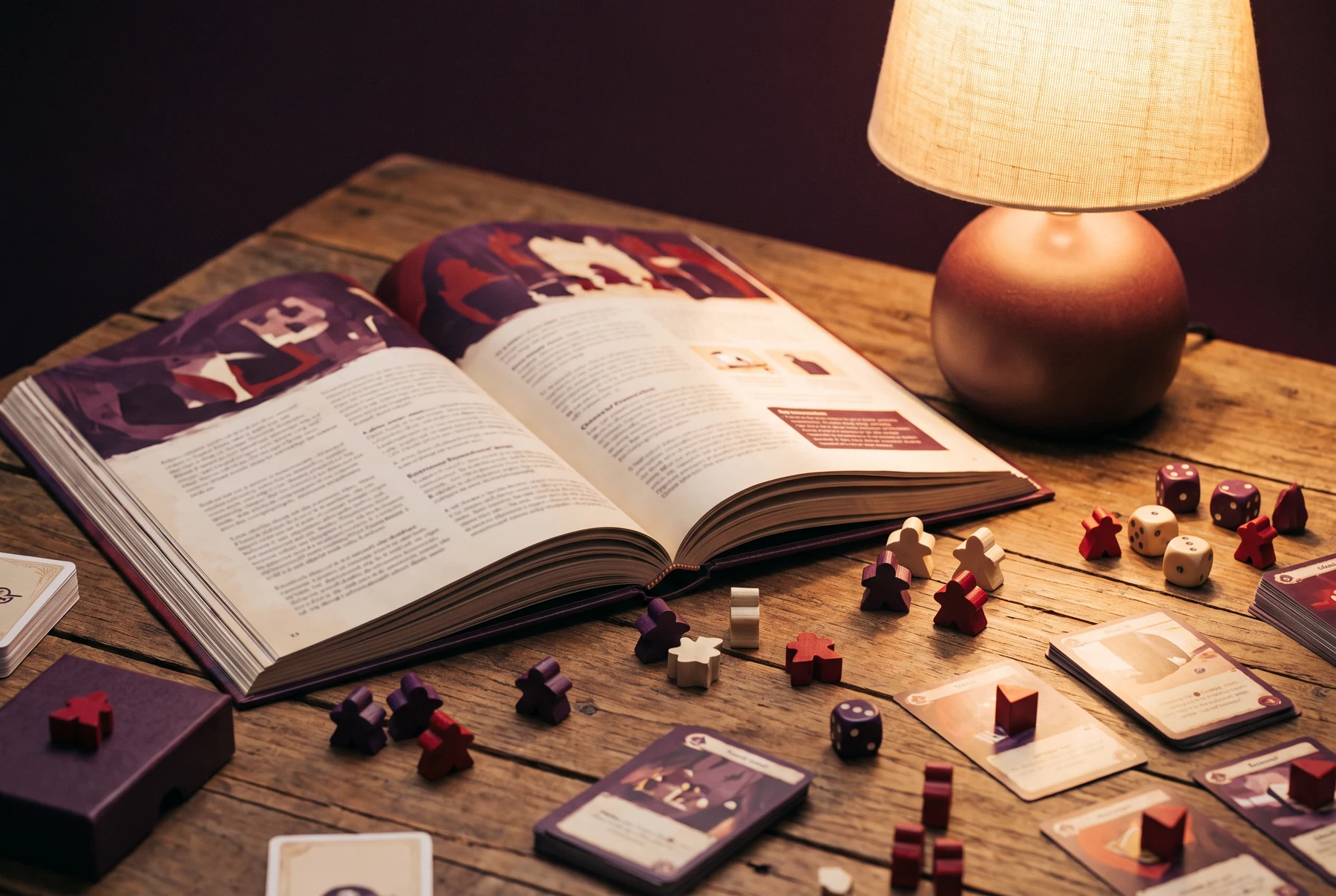 An open illustrated rulebook and game pieces gathered on a wooden table