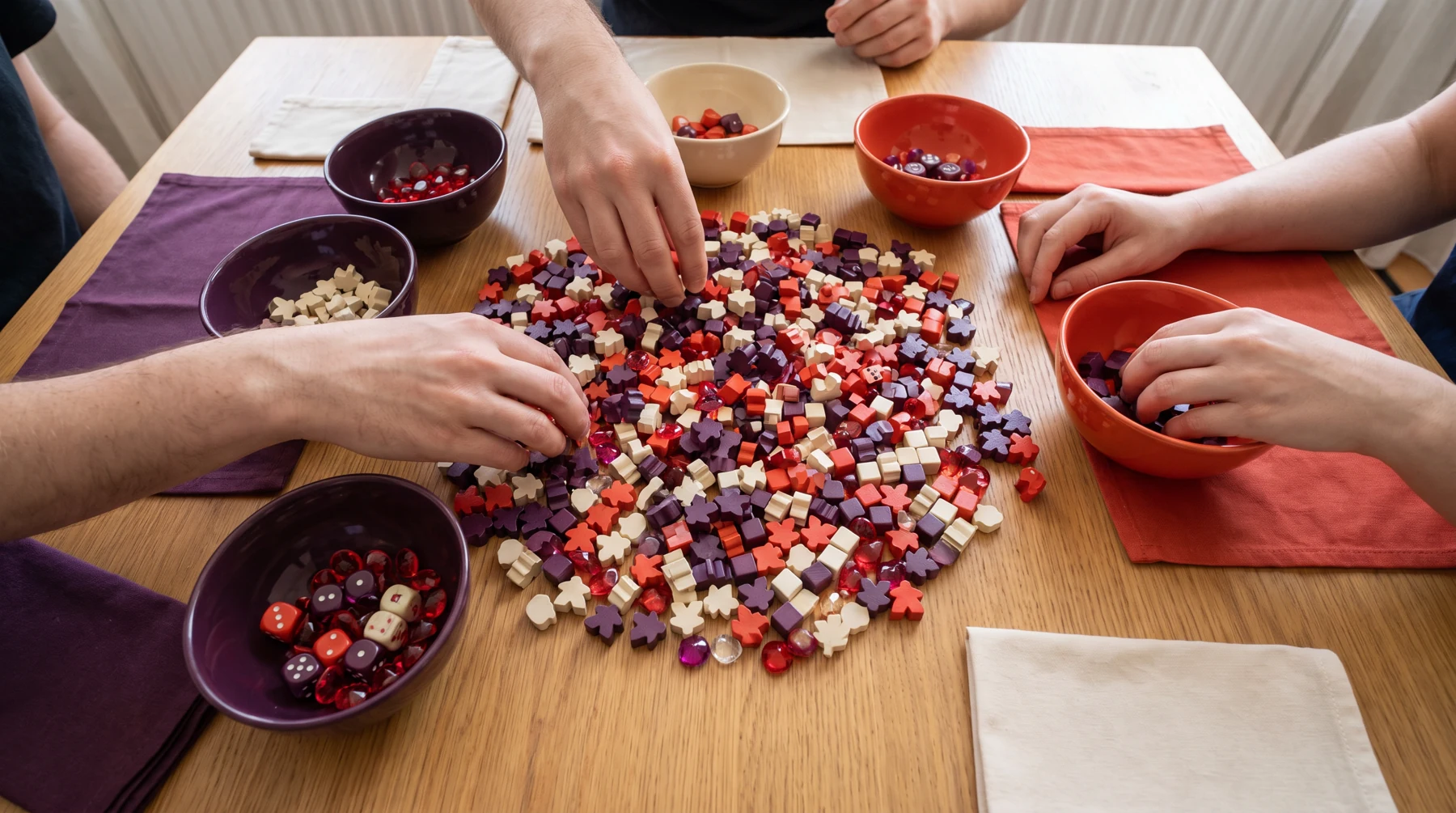 Hands selecting colorful tokens and dice from the middle of a tabletop